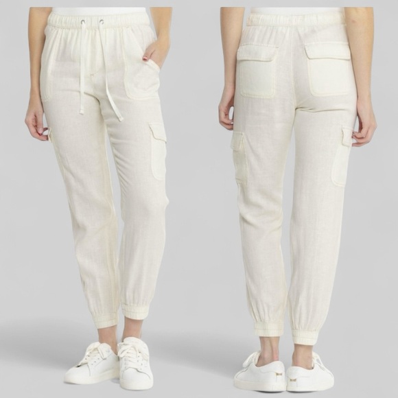 NICOLE MILLER White Jogger Cargo Pants sz S 100% Linen Pockets Elastic Waist - Picture 1 of 7